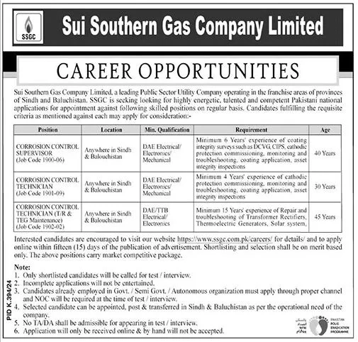  Advertisement Of Sui Southern Gas Company Limited SSGC Jobs 2024: