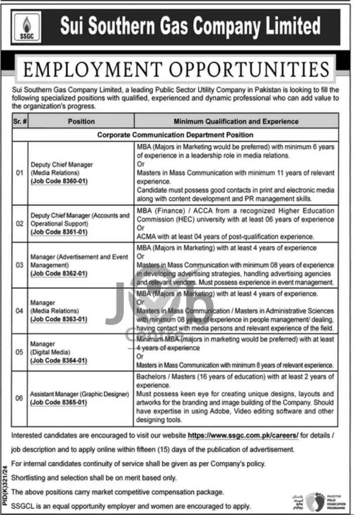  Advertisement Of Sui Southern Gas Company Limited SSGC Jobs 2024: