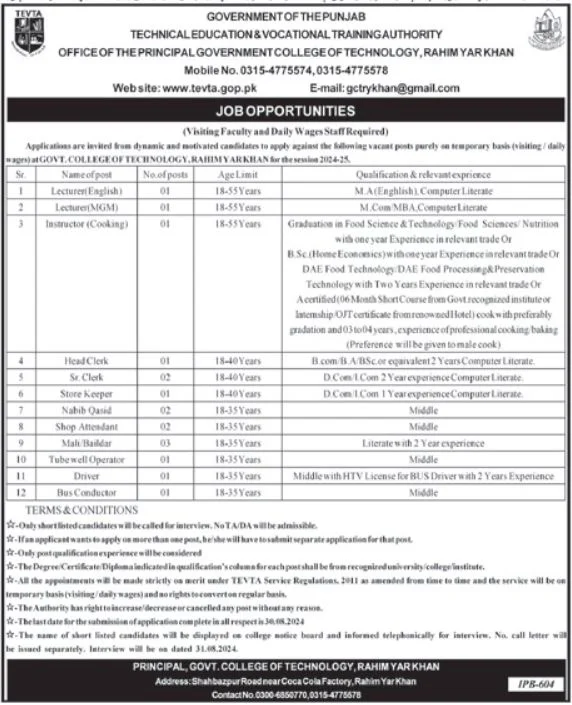  Advertisement of TEVTA Rahim Yar Khan Jobs 2024: