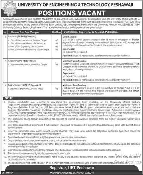 Advertisement for UET Peshawar Jobs 2024: