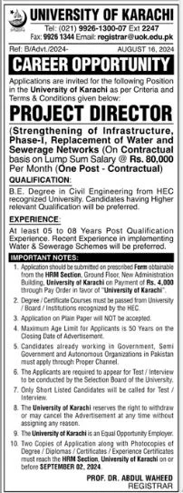 Advertisement for University Of Karachi UOK Jobs 2024: