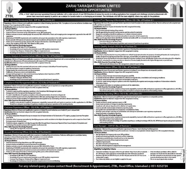 Advertisement for Zarai Taraqiati Bank Limited Jobs 2024: