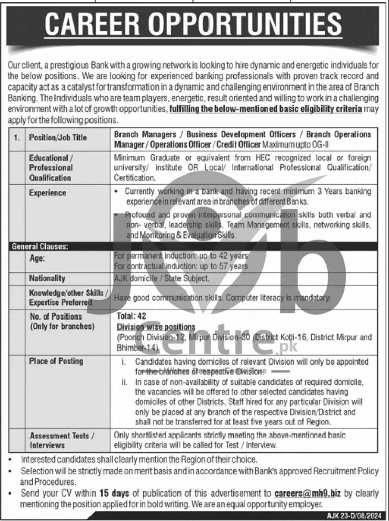 Advertisement for AJK Bank Jobs 2024