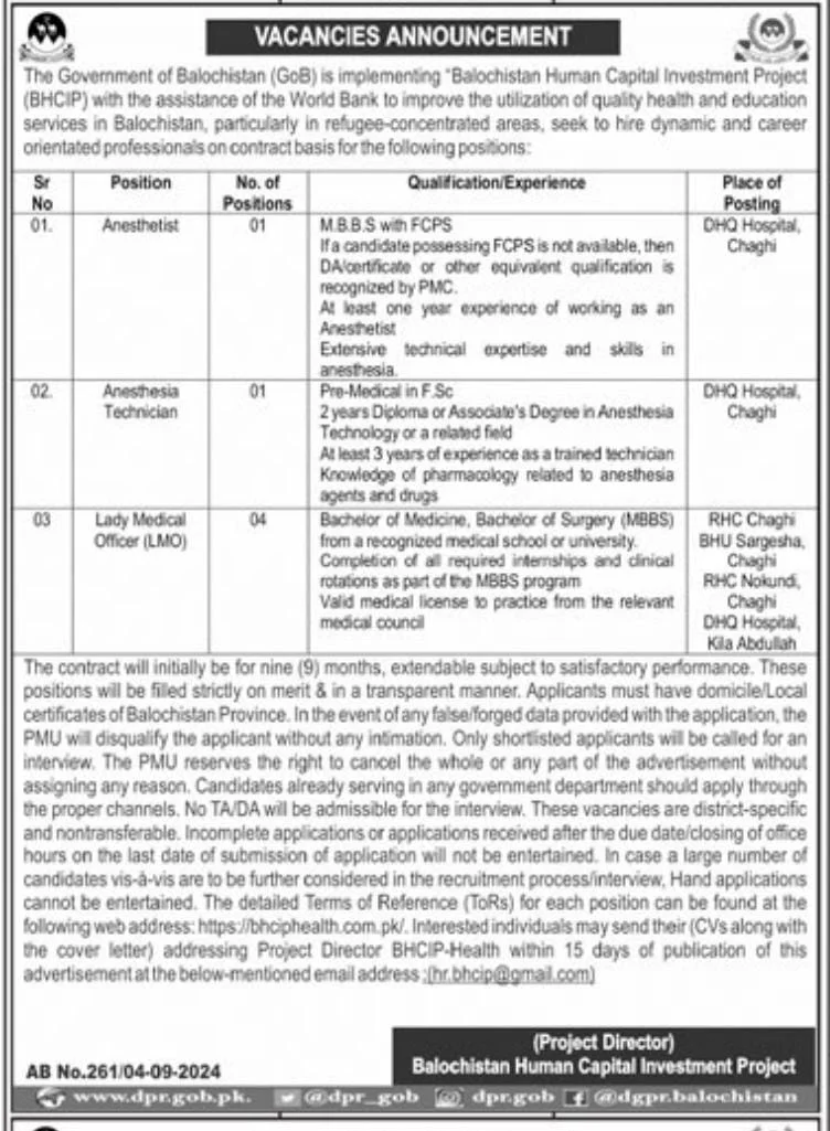 Advertisement for Balochistan Human Capital Investment Project Jobs 2024