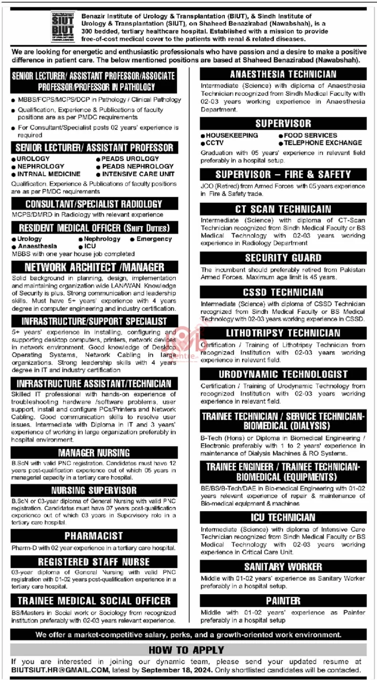 Advertisement for Benazir Institute of Urology and Transplantation Jobs 2024