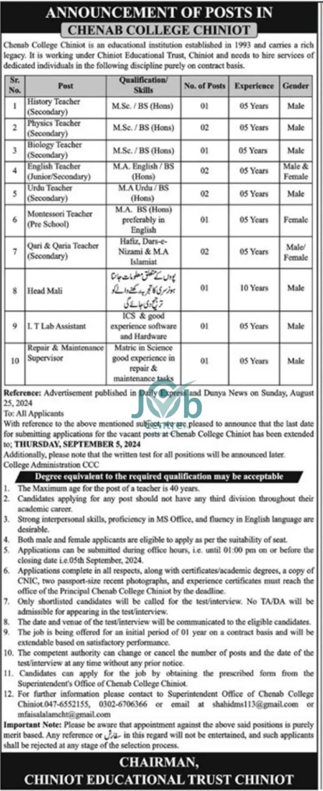 Advertisement for Chenab College Chiniot Jobs 2024