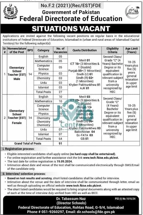 Advertisement for Federal Directorate of Education Jobs 2024