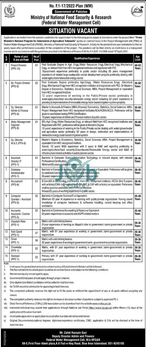 Advertisement for Federal Water Management Cell Jobs 2024