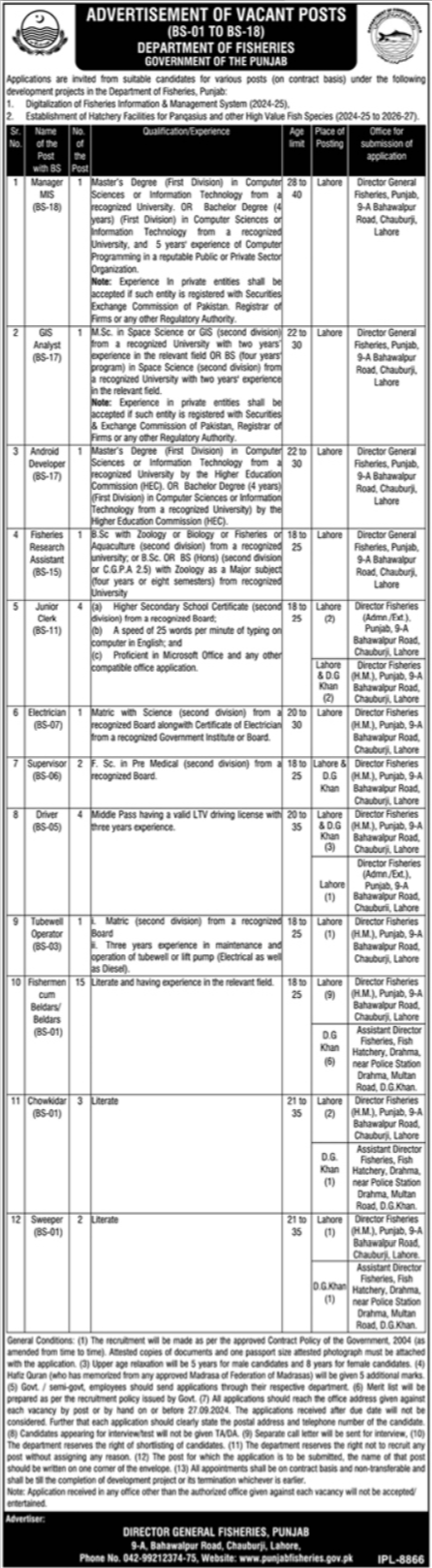 Advertisement for Fisheries Department Jobs 2024