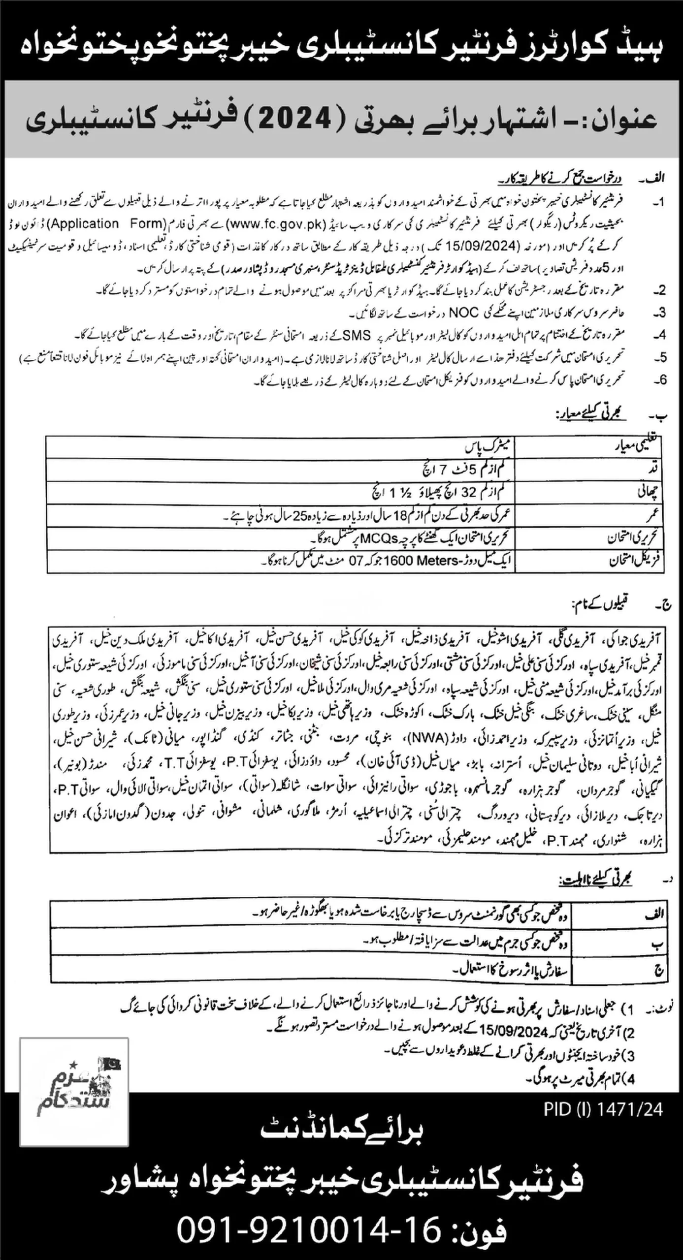 Advertisement for Frontier Constabulary KPK Jobs 2024