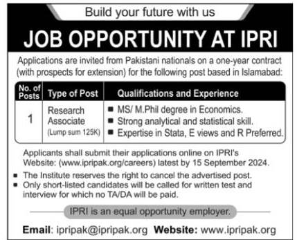 Advertisement for Islamabad Policy Research Institute Jobs 2024