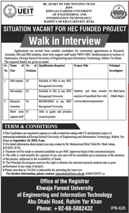 Advertisement for Khwaja Fareed University of Engineering and Information Technology Jobs