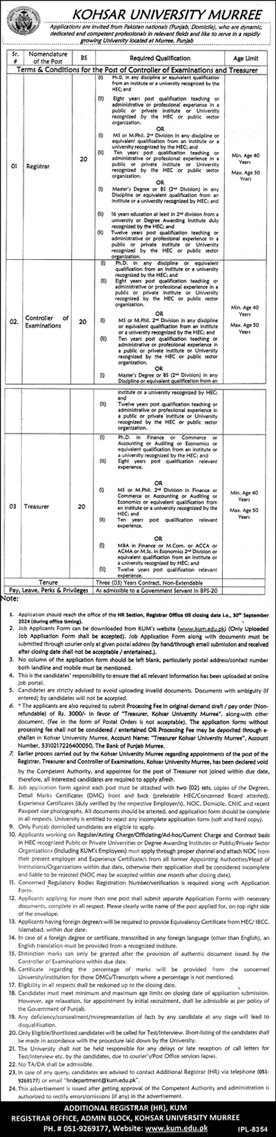 Advertisement for Kohsar University Murree Jobs 2024