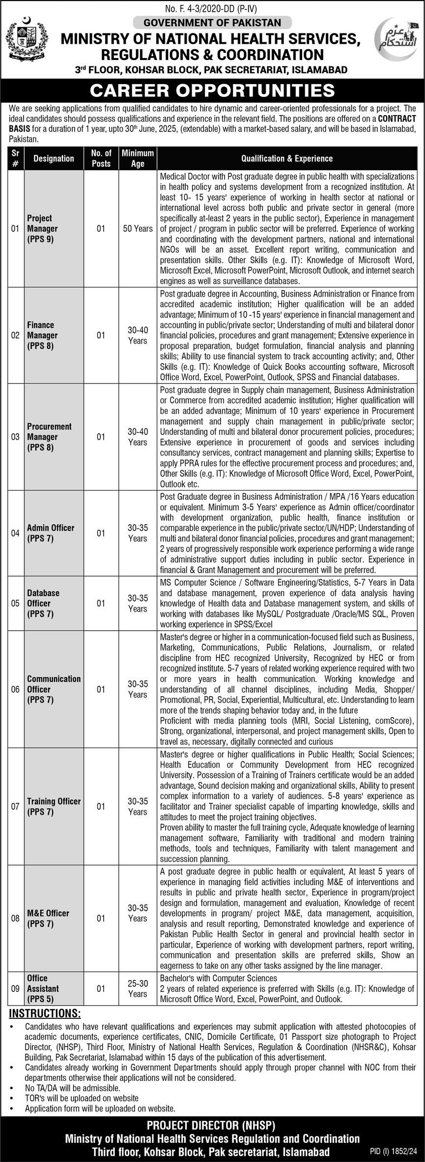 Advertisement for Latest Ministry of National Health Services Jobs 2024