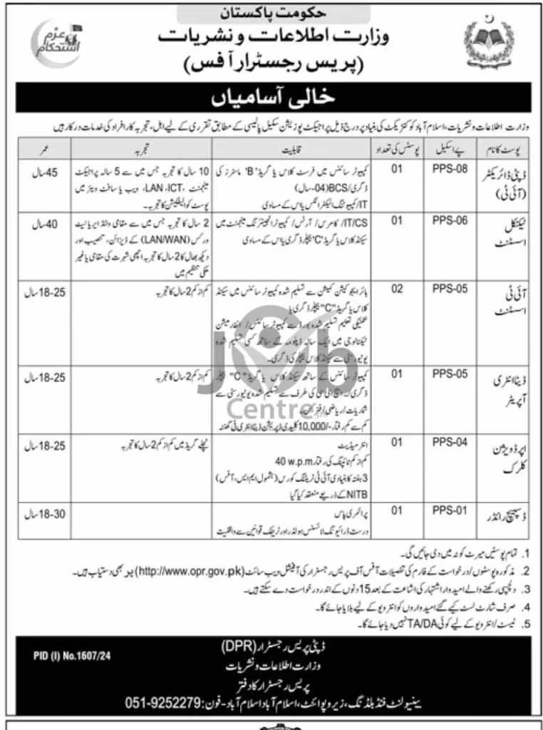 Advertisement for Ministry of Information and Broadcasting Jobs 2024