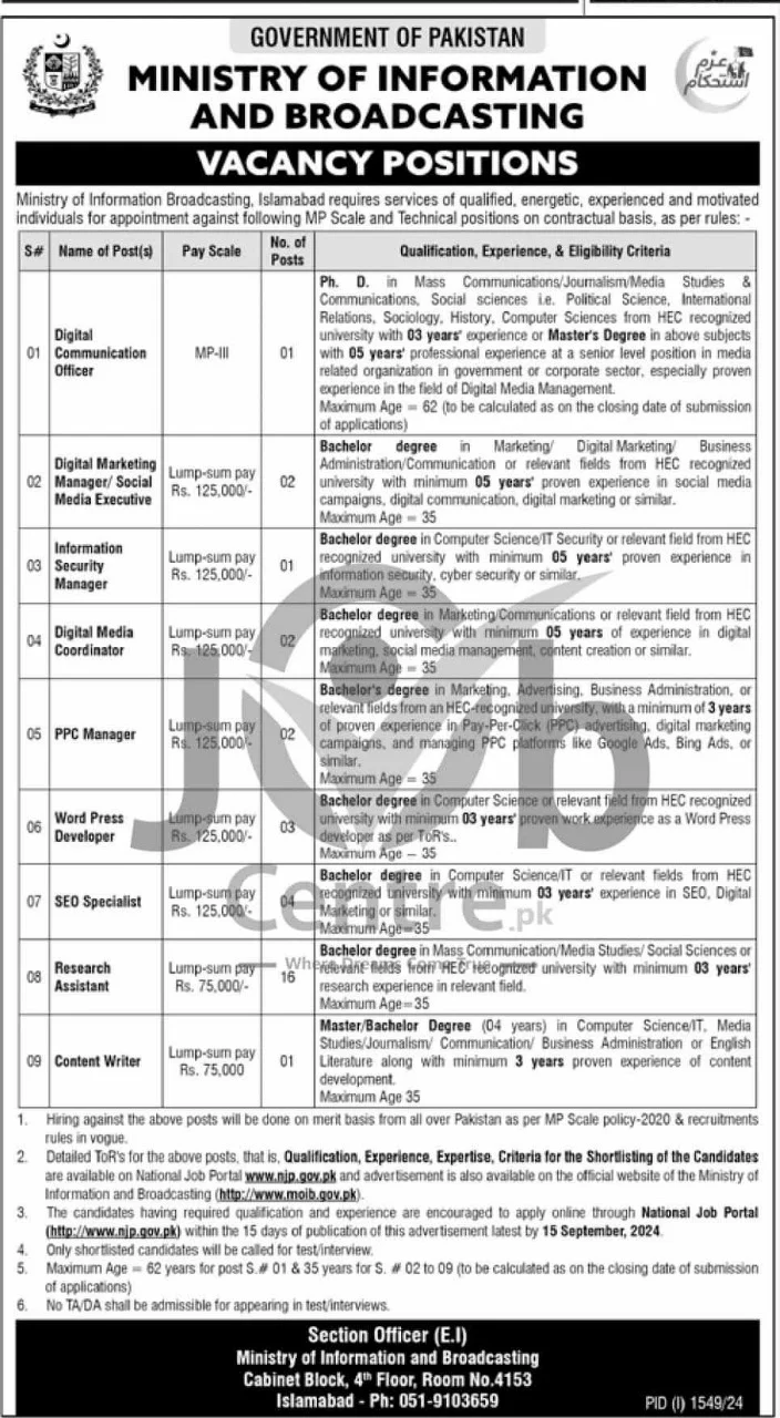 Advertisement for Ministry of Information and Broadcasting Jobs 2024