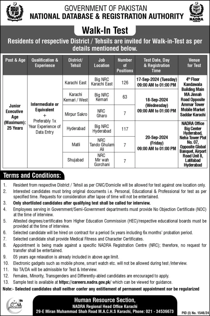 Advertisement for NADRA Junior Executive Jobs 2024