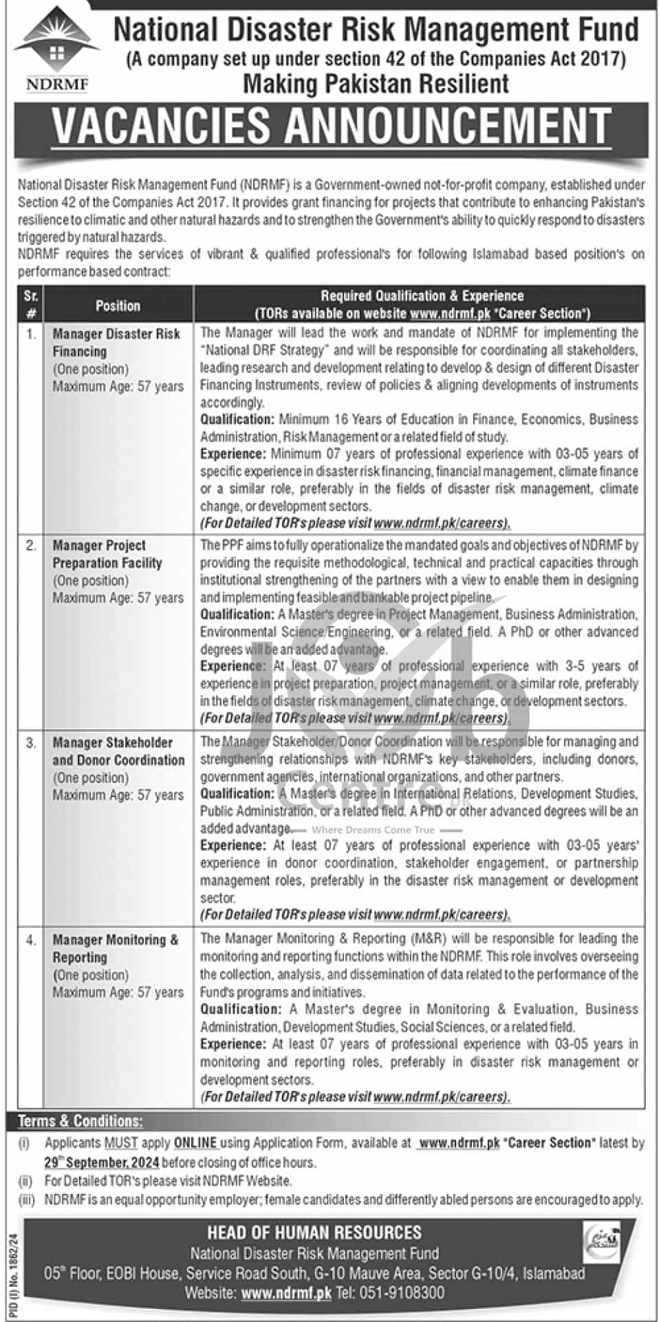 Advertisement for National Disaster Risk Management Fund Jobs 2024