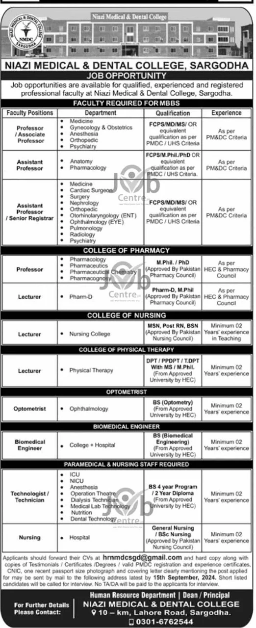 Advertisement for Niazi Medical & Dental College Jobs 2024