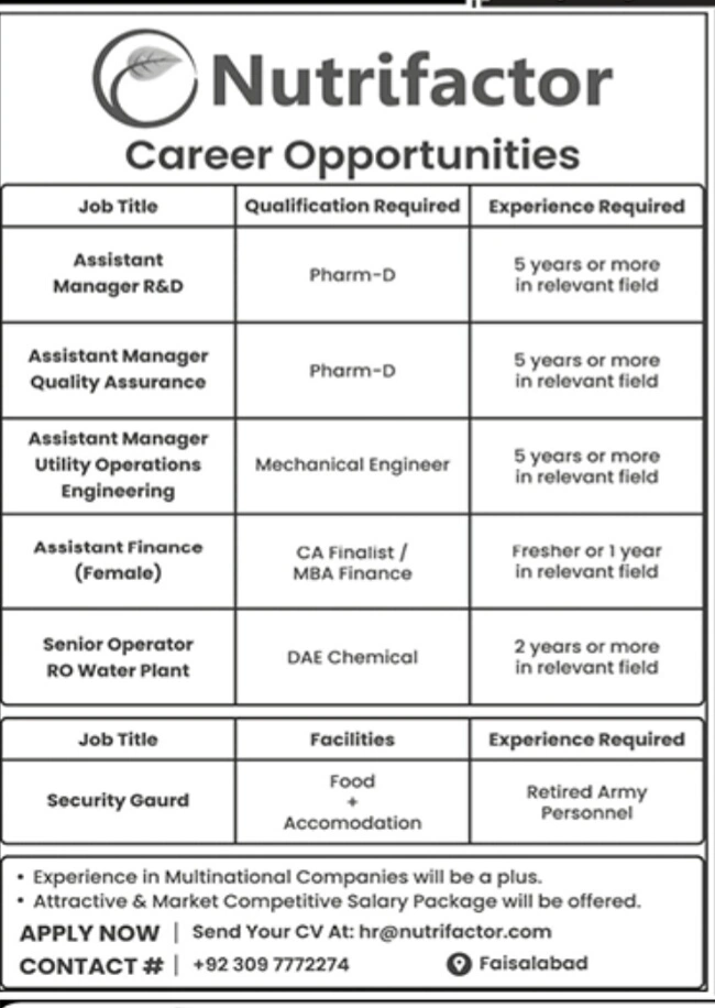 Advertisement for Nutrifactor Jobs 2024