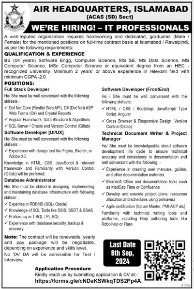 Advertisement for PAF Air Headquarters Jobs 2024