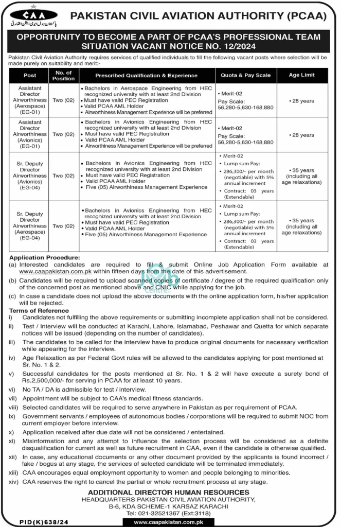 Advertisement for Pakistan Civil Aviation Authority Jobs 2024