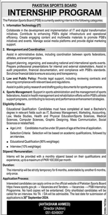 Advertisement for Pakistan Sports Board Program 2024