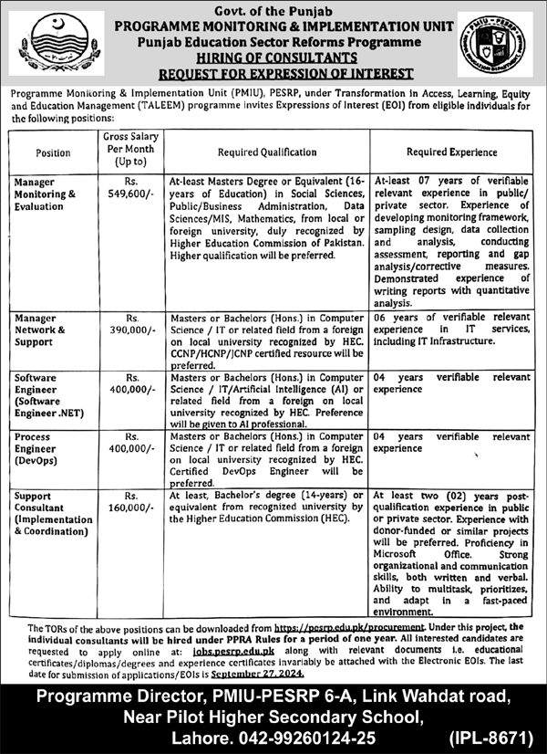 Advertisement for Programme Monitoring and Implementation Unit Jobs 2024