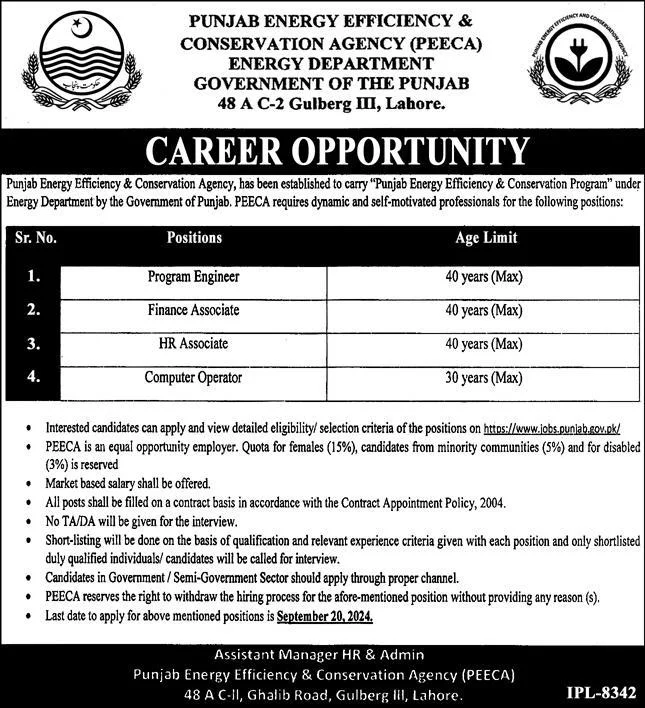 Advertisement for Punjab Energy Efficiency and Conservation Agency Jobs 2024