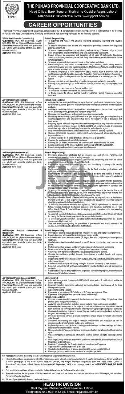 Advertisement for Punjab Provincial Cooperative Bank Limited Jobs 2024