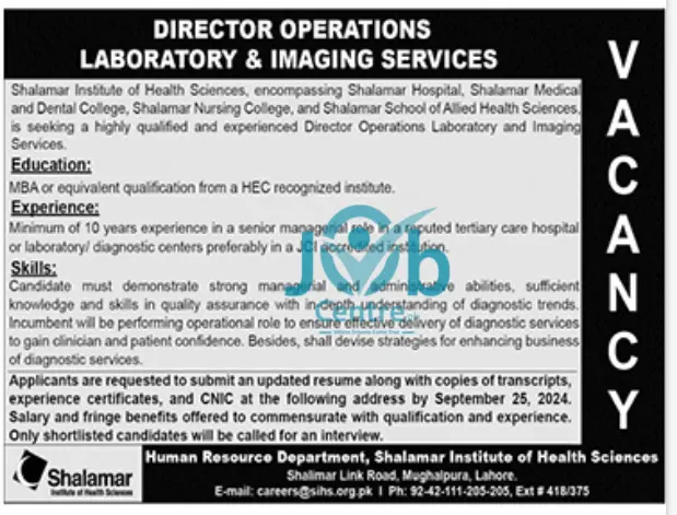 Advertisement for Shalamar Institute of Health Sciences Jobs 2024