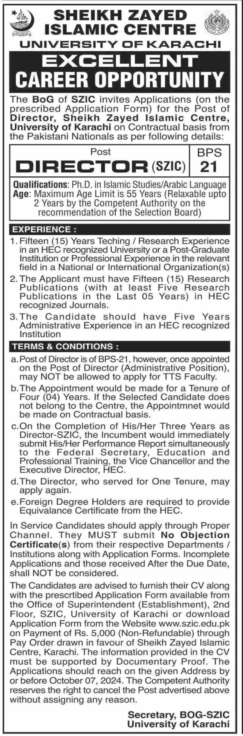 Advertisement for Sheikh Zayed Islamic Centre University Jobs 2024