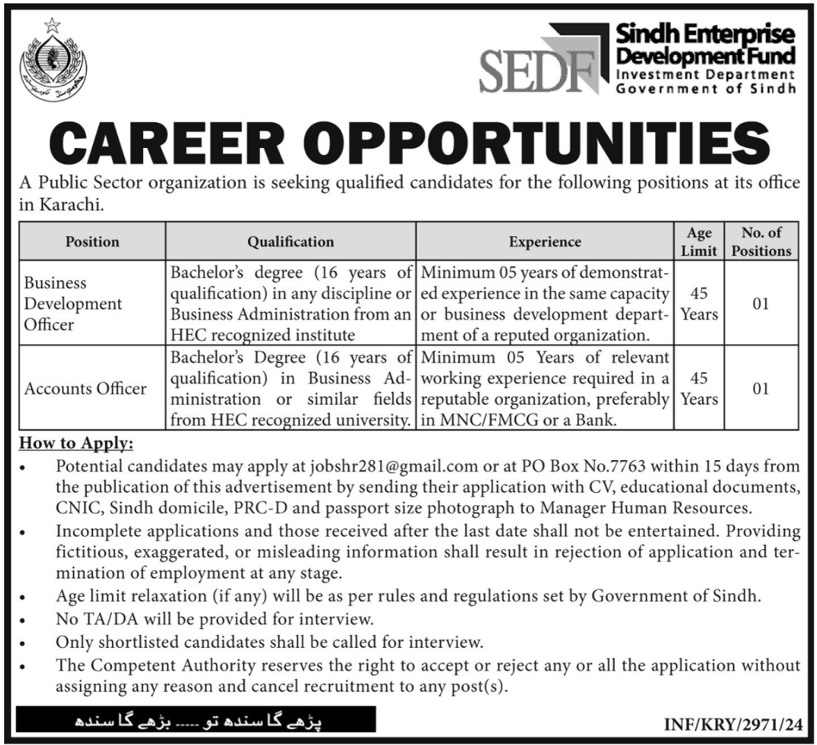 Advertisement for Sindh Enterprise Development Fund Jobs 2024