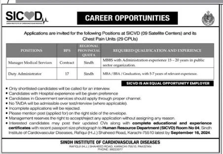 Advertisement for Sindh Institute Of Cardiovascular Diseases Jobs 2024