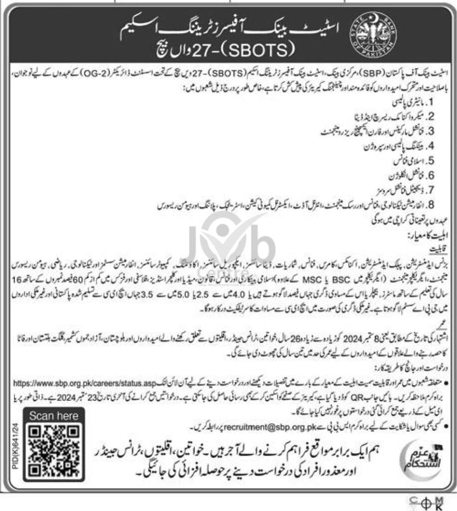 Advertisement for State Bank of Pakistan Jobs 2024