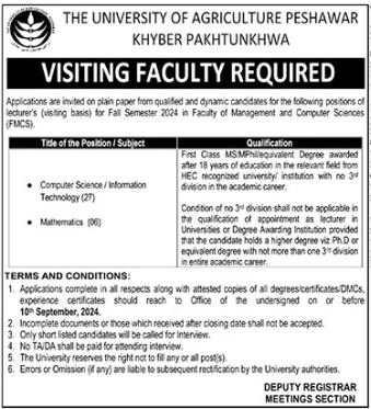 Advertisement for University of Agriculture Peshawar Jobs 2024