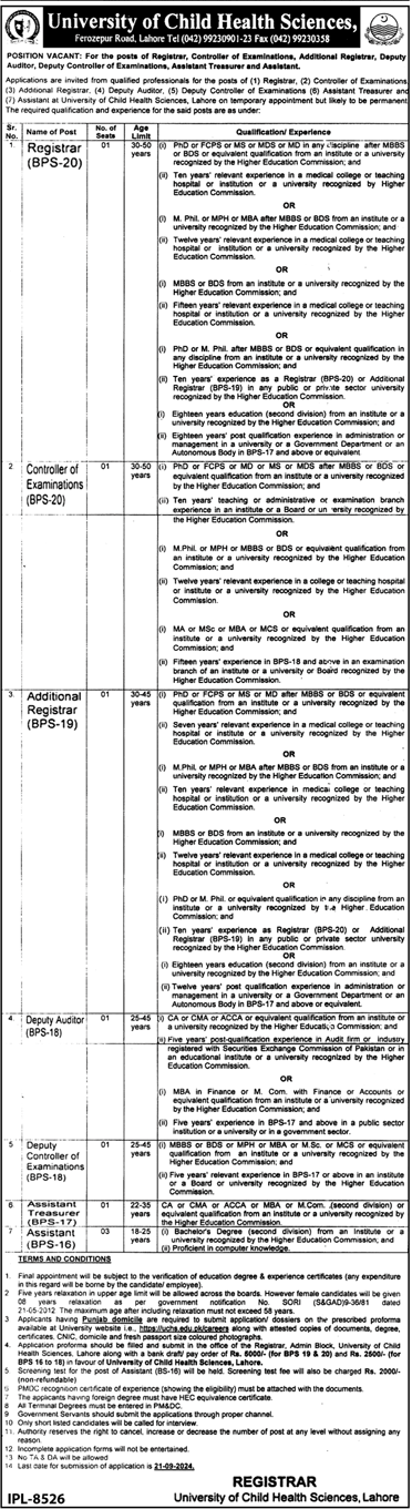 Advertisement for University of Child Health Sciences Jobs 2024