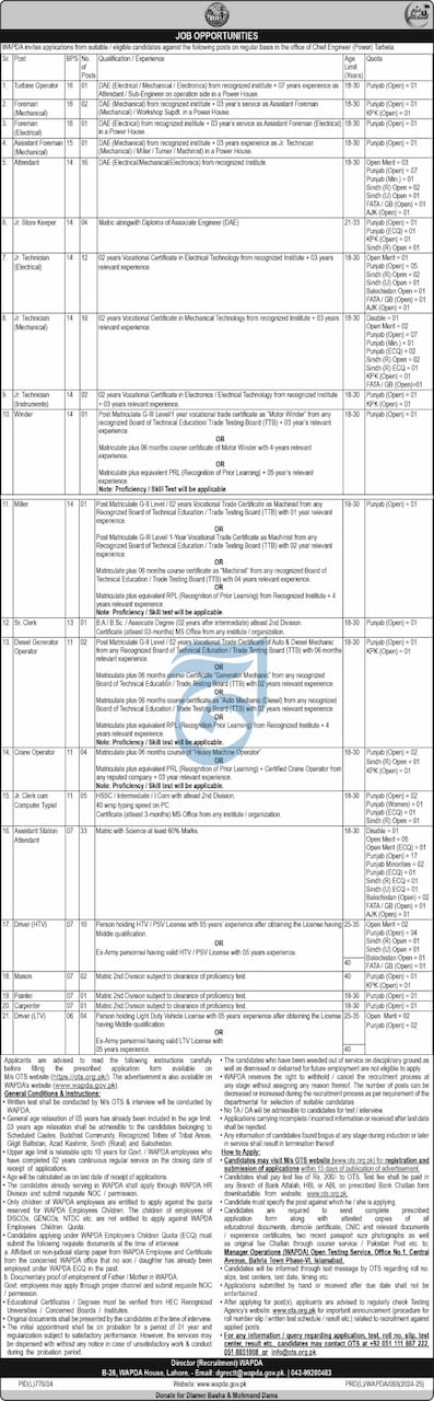 Advertisement for WAPDA Jobs 2024