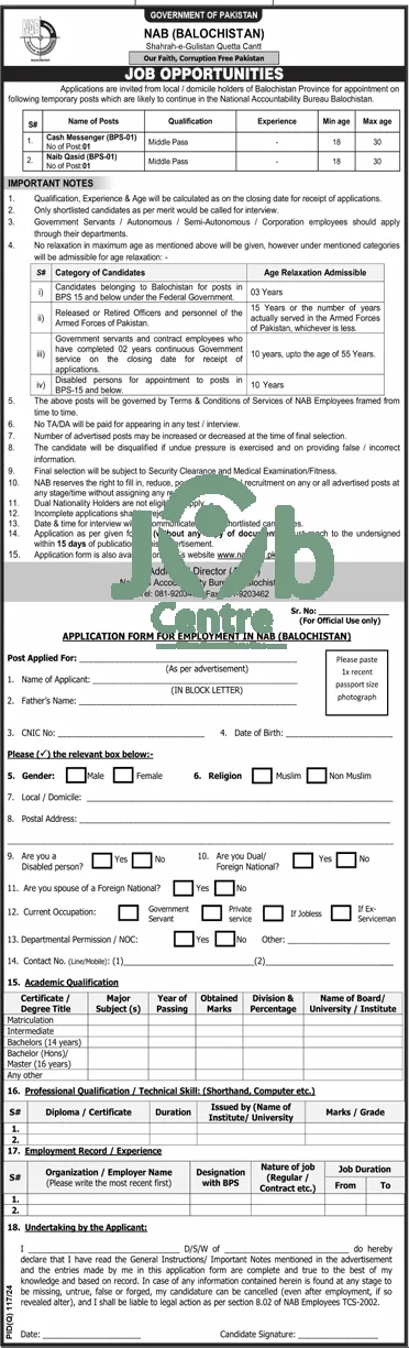 National Accountability Bureau NAB Balochistan Jobs 2024