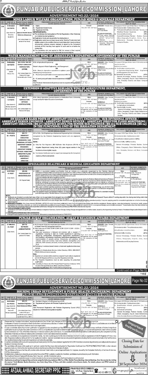 PPSC Jobs Advertisement No. 22/2024: 