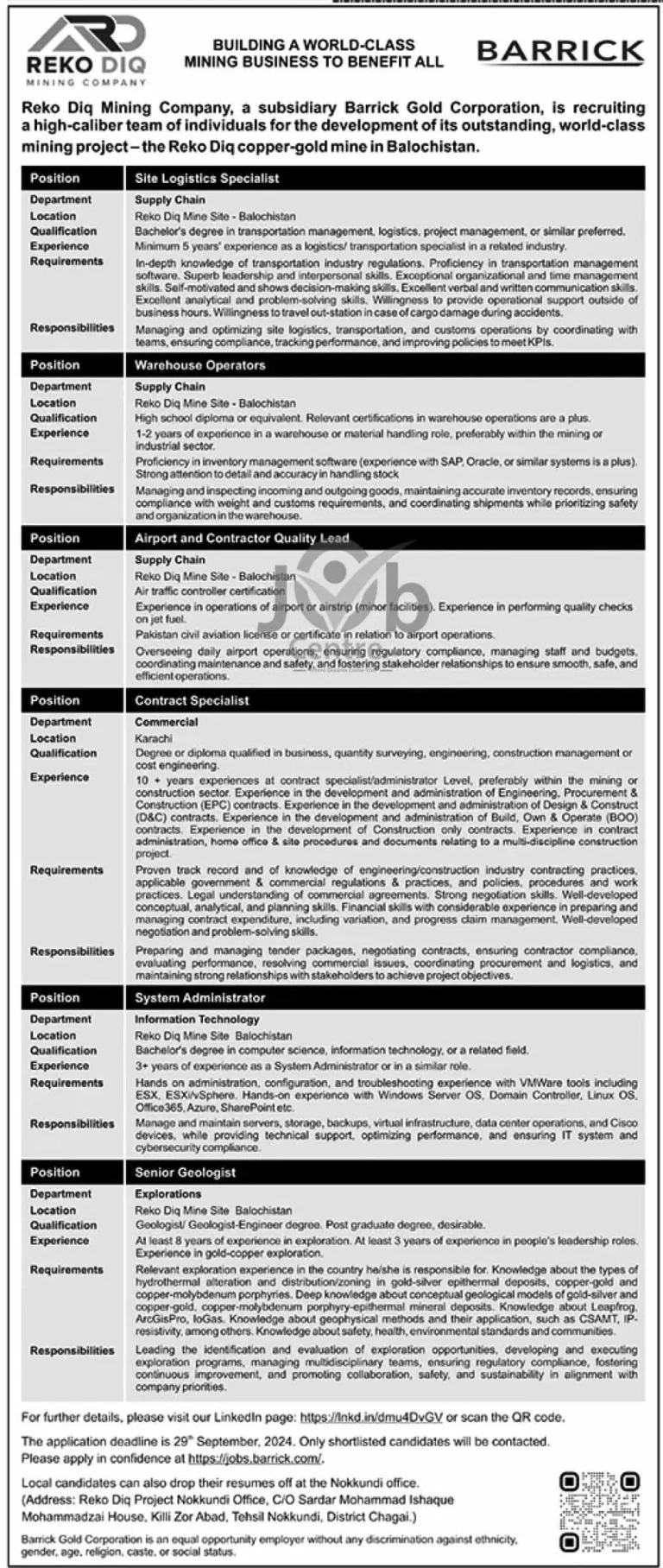 Pakistan Barrick Gold Corporation Jobs 2024 Advertisement