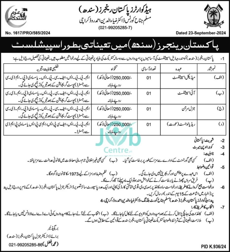 Pakistan Rangers Sindh Jobs 2024 Advertisement