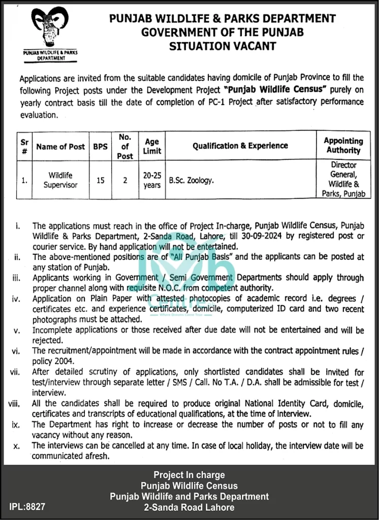 Punjab Wildlife & Parks Department Jobs 2024