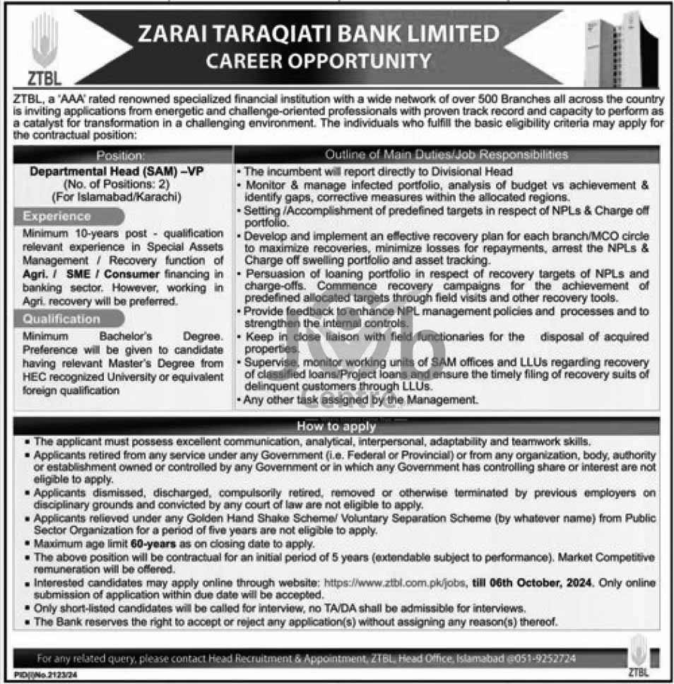 ZTBL Careers 2024 Advertisement No1