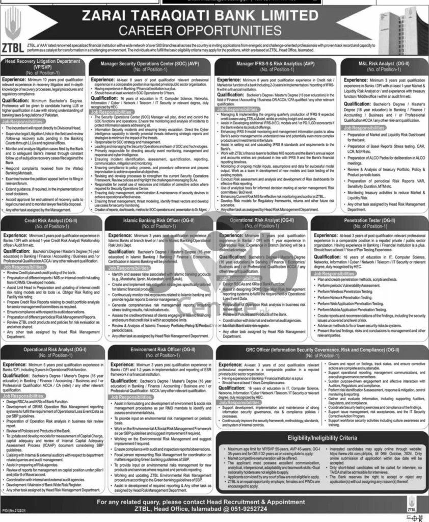 ZTBL Careers 2024 Advertisement No2