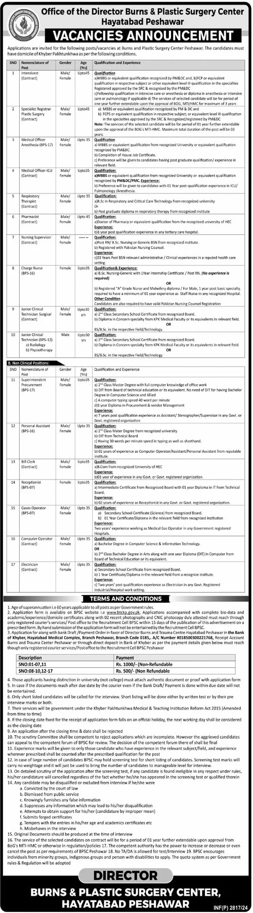 Burns and Plastic Surgery Center Peshawar Jobs