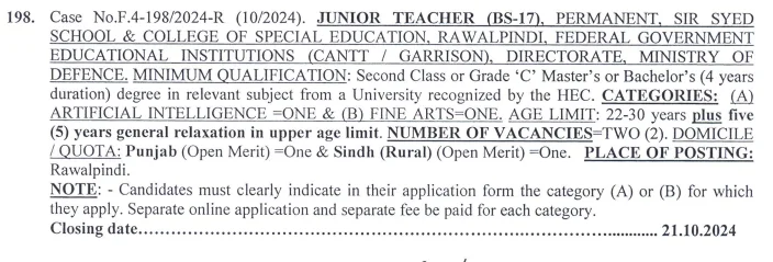 FPSC Junior Teacher (BS-17) Jobs 2024