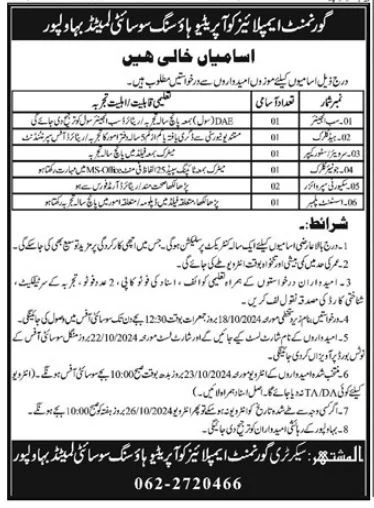 Govt Employees Cooperative Housing Society Bahawalpur Jobs 2024