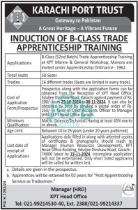 Karachi Port Trust KPT Apprenticeship Program 2024 Advertisement: