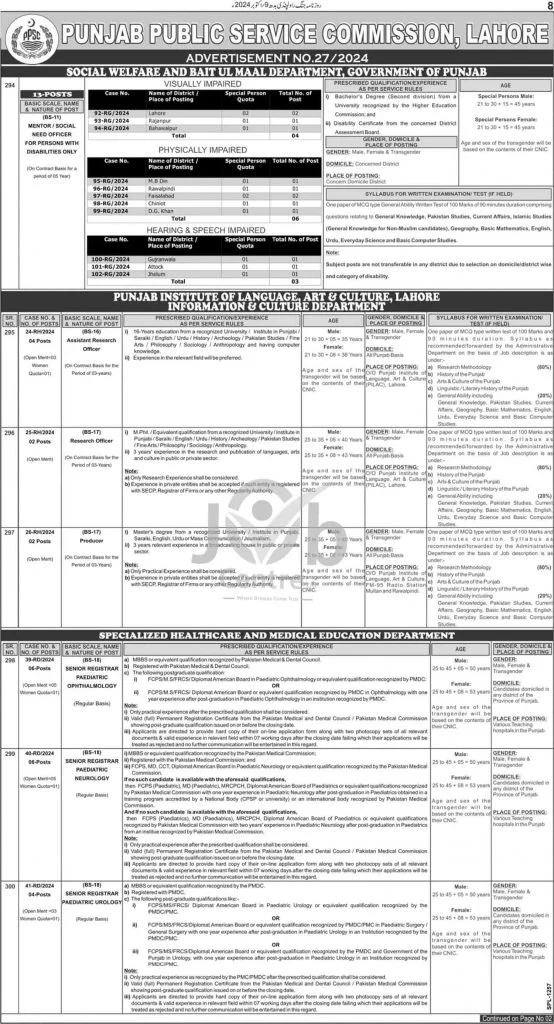 Latest PPSC Advertisement No 27 Jobs 2024